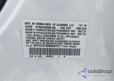 2011 Honda Ridgeline Rtl z USA, uszkodzony, nr VIN 5FPYK1F59BB007577